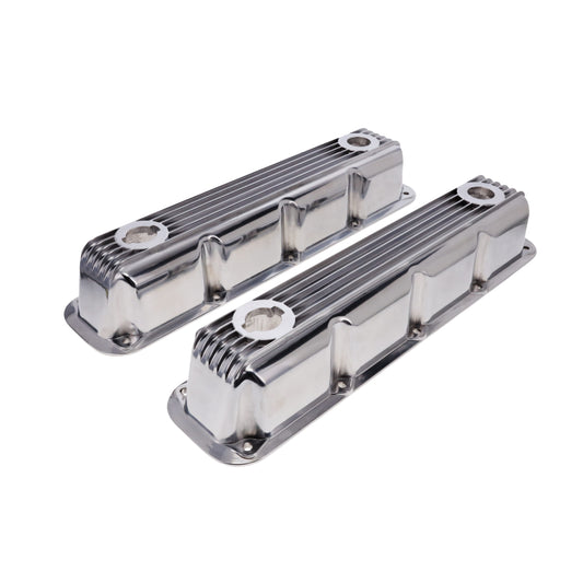 1992-2003 Mopar SB V8 Finned Aluminum Valve Covers, 3 1/2" Ex. 3 1/8" In. Ht., 1.25" Hole, Polished