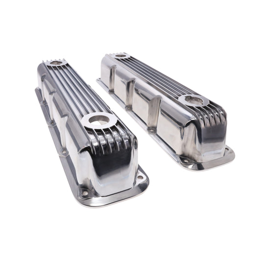 1992-2003 Mopar SB V8 Finned Aluminum Valve Covers, 3 1/2" Ex. 3 1/8" In. Ht., 1.25" Hole, Polished