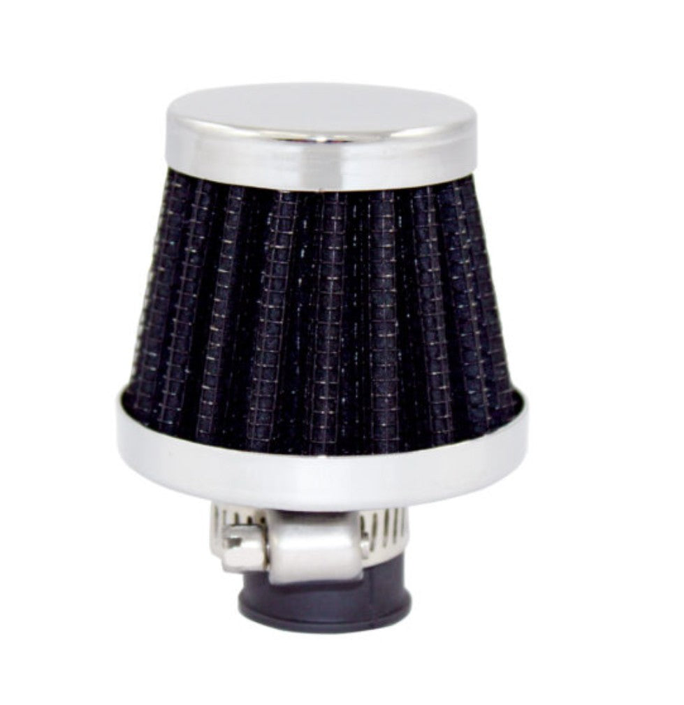 Chrome Steel Round Clamp-On Mini Breather with Washable Black Filter