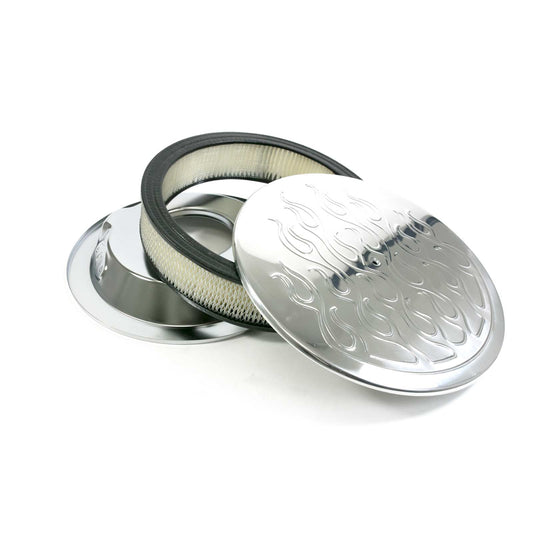14" Aluminum Flame Round Air Cleaner Kit with Hi-Lip Base - Polished