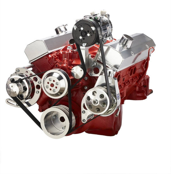 Chevy Small Block Serpentine Conversion - AC Alternator & Power Steering Long Water Pump - Polished