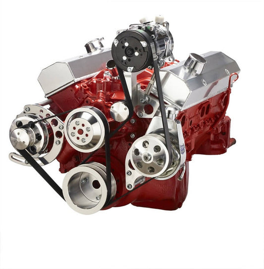 Chevy Small Block Serpentine Conversion - AC Alternator & Power Steering Long Water Pump - Polished