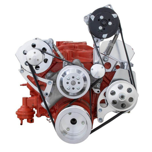 Chevy Small Block Serpentine Conversion - AC, PS, ALT - Long Water Pump - Polished