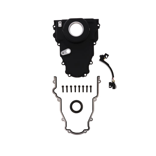 GM LS 1-Piece Aluminum Timing Cover with Cam Position Sensor Provision, Harness, Crank Seal, and Gasket - Black