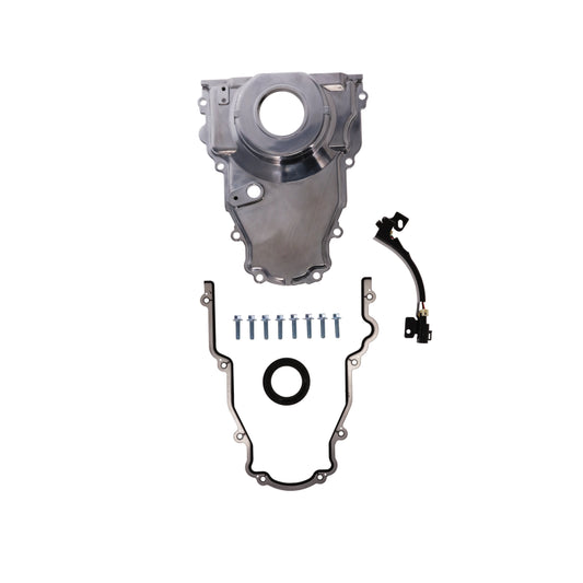 GM LS 1-Piece Aluminum Timing Cover with Cam Position Sensor Provision, Harness, Crank Seal, and Gasket - Polished
