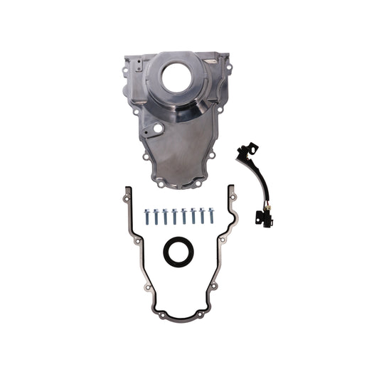 GM LS 1-Piece Aluminum Timing Cover with Cam Position Sensor Provision, Harness, Crank Seal, and Gasket - Satin