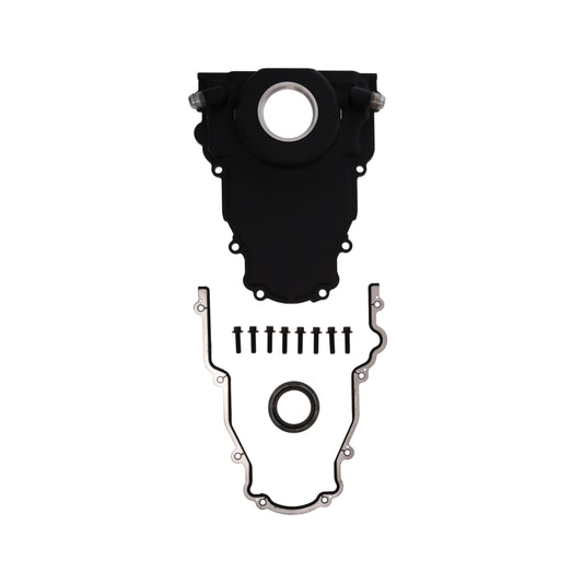 GM LS 1-Piece Aluminum Timing Cover with Turbo Oil Drain Return, Crank Seal, and Gasket - Black