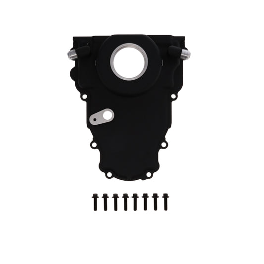 GM LS 1-Piece Aluminum Timing Cover with Turbo Oil Drain Return and Cam Position Sensor Provision - Black