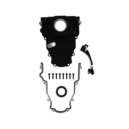 GM LS 1-Piece Aluminum Timing Cover with Turbo Oil Drain Return and Cam Position Sensor Provision, Harness, Crank Seal, and Gasket - Black