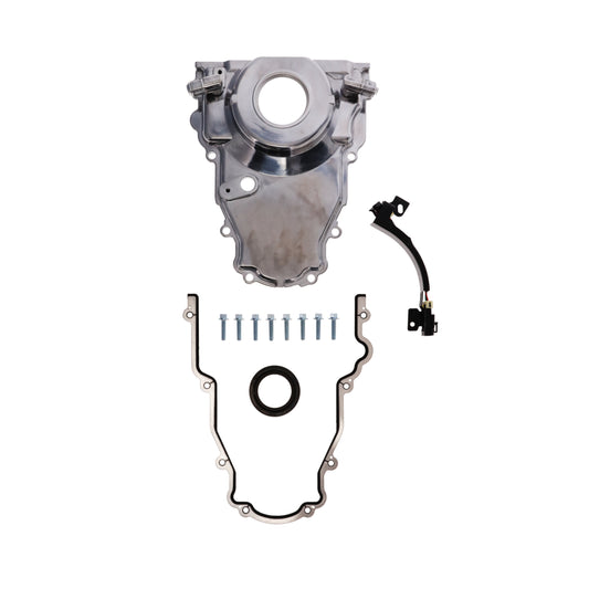 GM LS 1-Piece Aluminum Timing Cover with Turbo Oil Drain Return and Cam Position Sensor Provision, Harness, Crank Seal, and Gasket - Polished