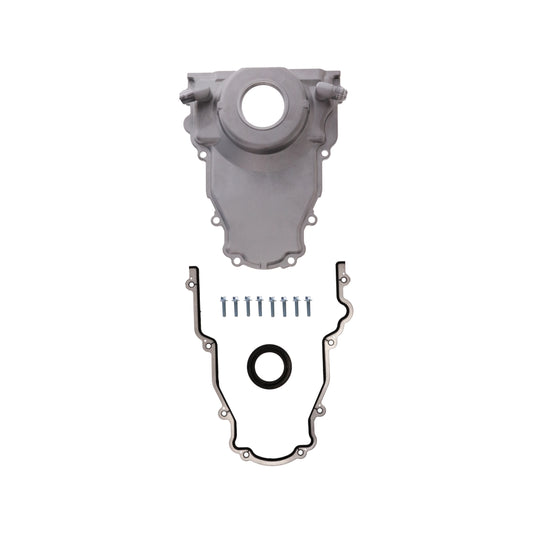 GM LS 1-Piece Aluminum Timing Cover with Turbo Oil Drain Return and Cam Position Sensor Provision, Harness, Crank Seal, and Gasket - Satin