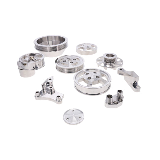 V Series GM LS Serpentine Front Drive System Brackets, Pulleys, and Belt Tensioner - Polished