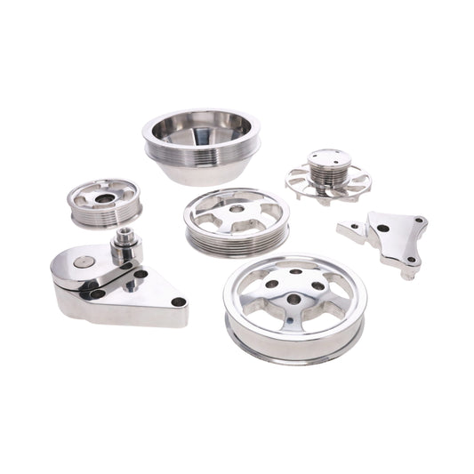GM LS No A/C Serpentine Front Drive System Brackets, Pulleys, and Belt Tensioner - Polished