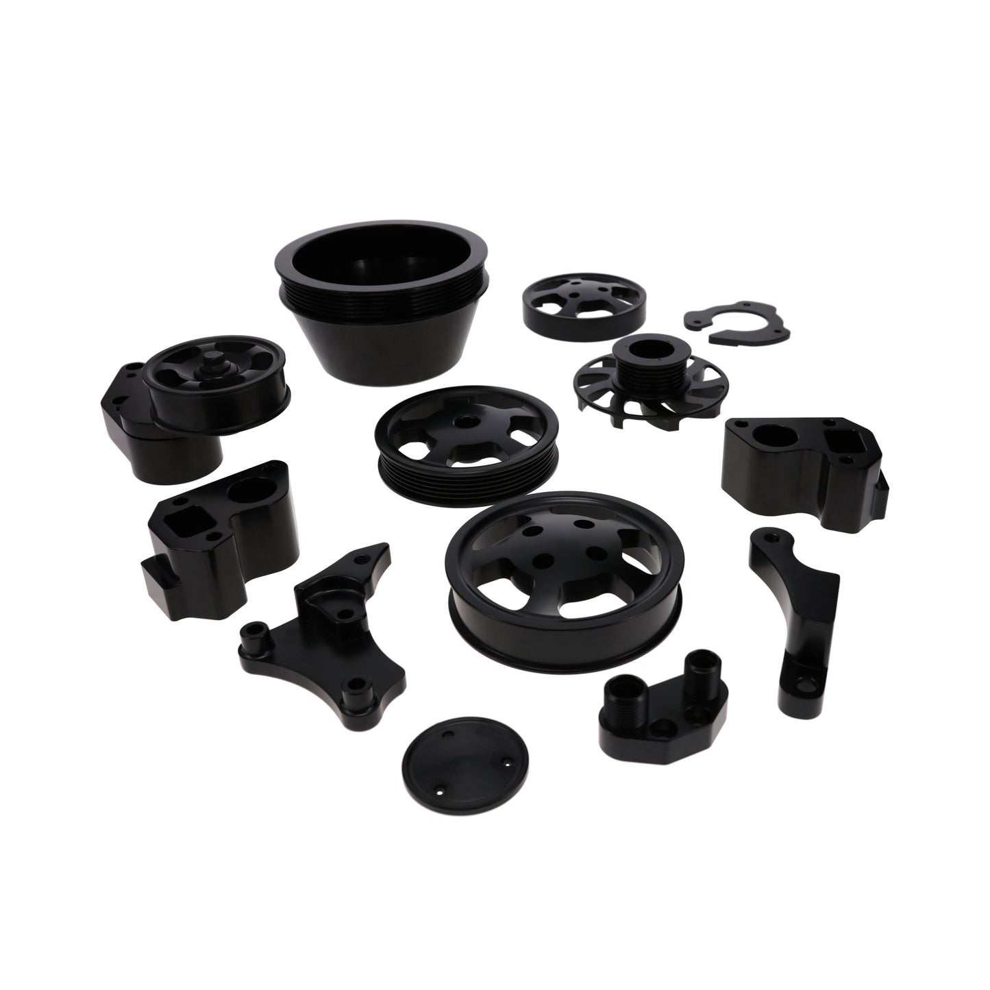 GM LT Serpentine Front Drive System Brackets, Pulleys, and Belt Tensioner - Black