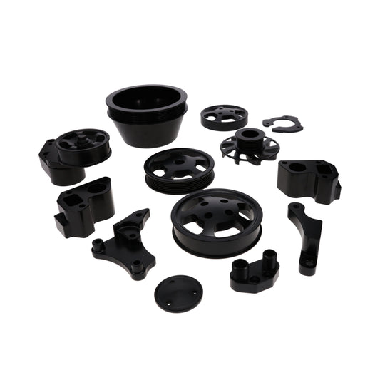 GM LT Serpentine Front Drive System Brackets, Pulleys, and Belt Tensioner - Black