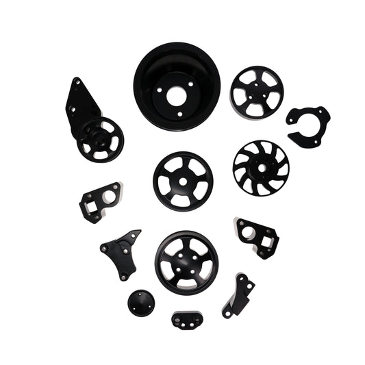 GM LT Serpentine Front Drive System Brackets, Pulleys, and Belt Tensioner - Black