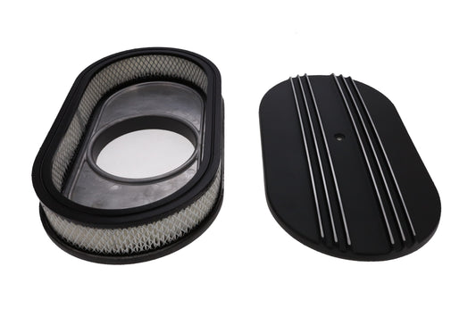 15" X 2" Center Finned Oval Aluminum Air Cleaner Kit, Paper Filter, Flat Base - Black