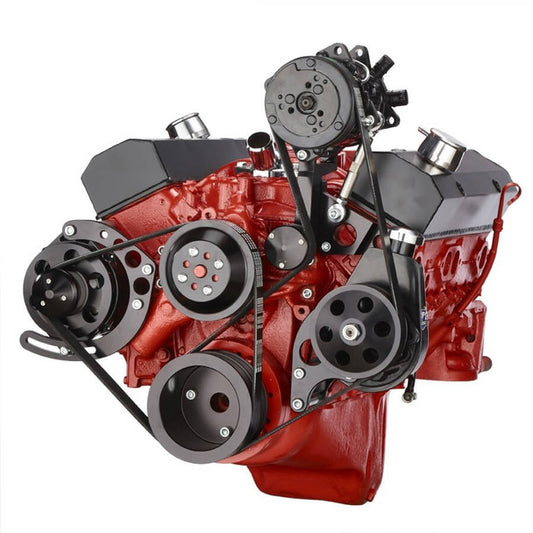 Chevy Small Block Serpentine Conversion - AC Alternator & Power Steering Long Water Pump - Black