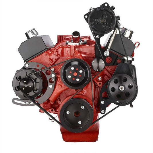 Chevy Small Block Serpentine Conversion - AC Alternator & Power Steering Long Water Pump - Black