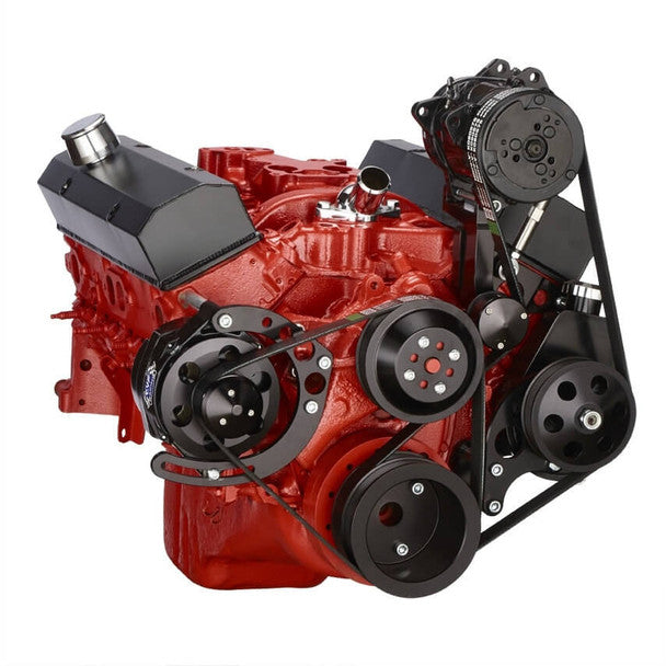Chevy Small Block Serpentine Conversion - AC Alternator & Power Steering Long Water Pump - Black