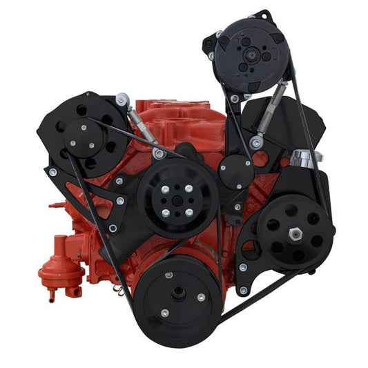 Chevy Small Block Serpentine Conversion - AC, PS, ALT - Long Water Pump - Black