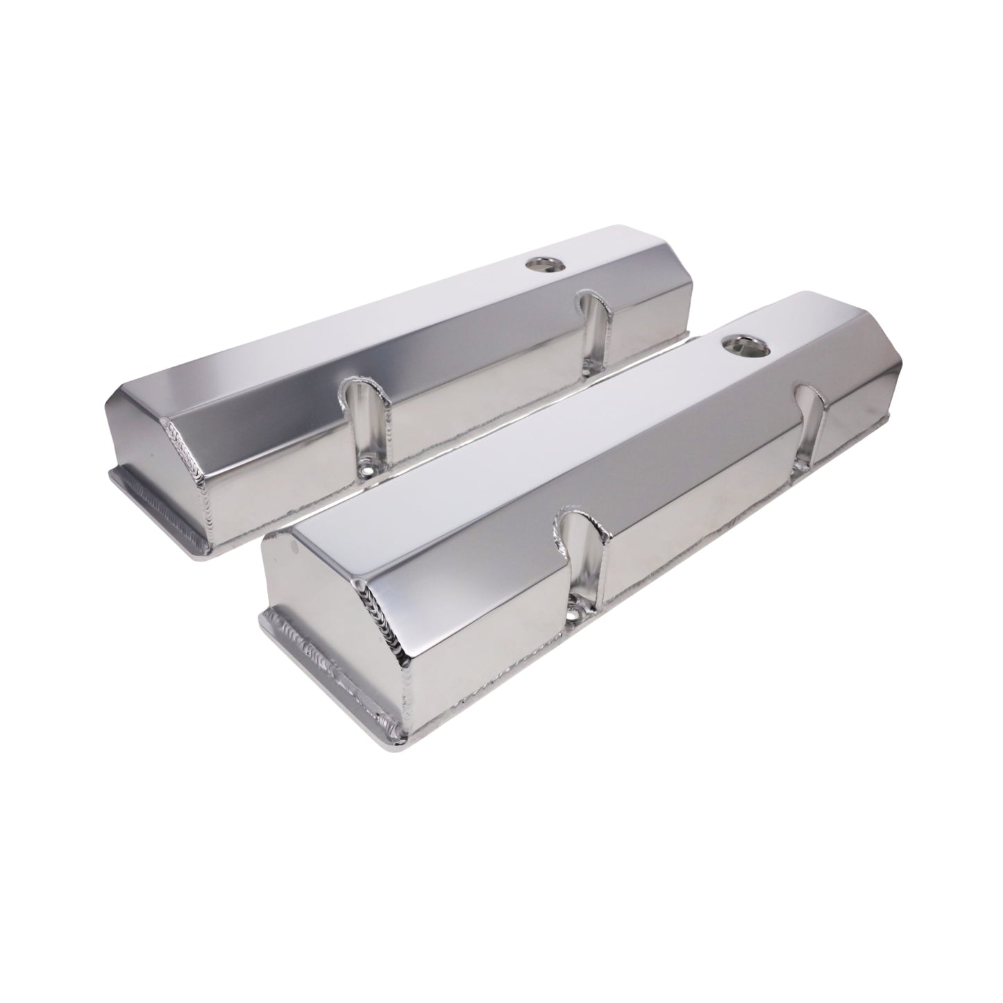 Chevy Small Block Short Bolt Fabricated Aluminum Valve Covers with Breather Holes - Clear Anodized