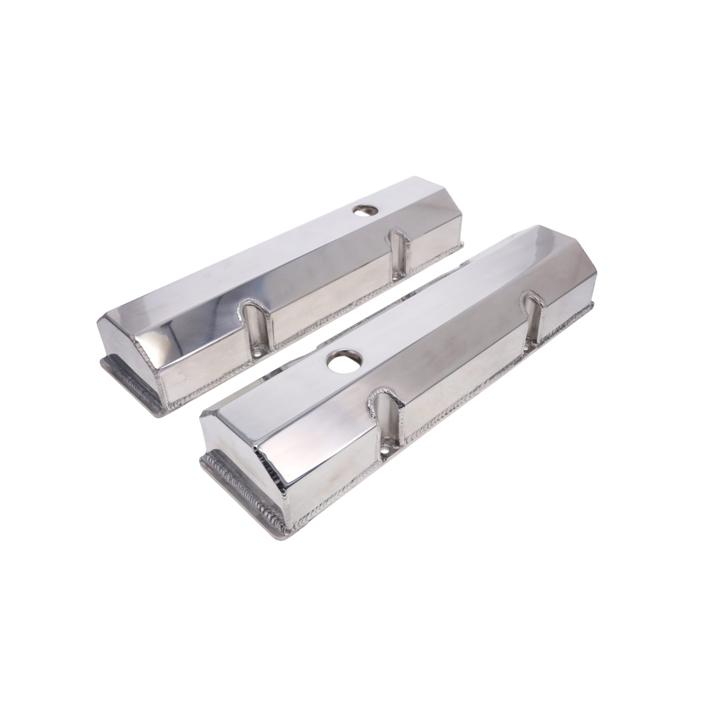 Chevy Small Block Short Bolt Fabricated Aluminum Valve Covers with Breather Holes - Polished