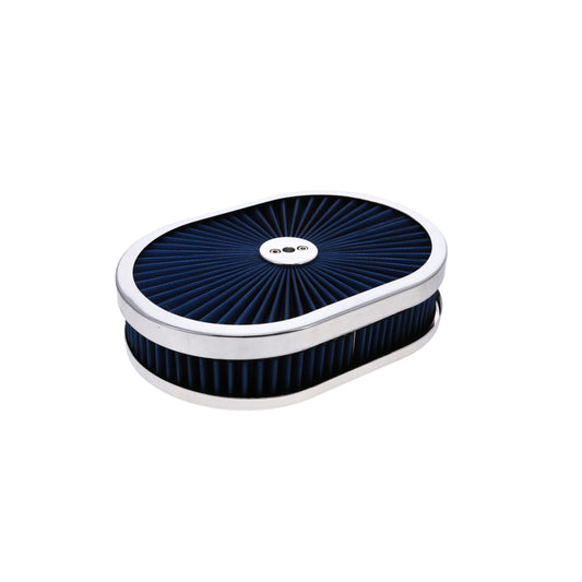 12" X 2" Round Steel Air Cleaner Kit, Blue Washable Filter, Flat Base - Chrome