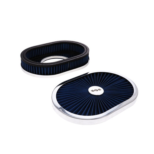 12" X 2" Round Steel Air Cleaner Kit, Blue Washable Filter, Flat Base - Chrome