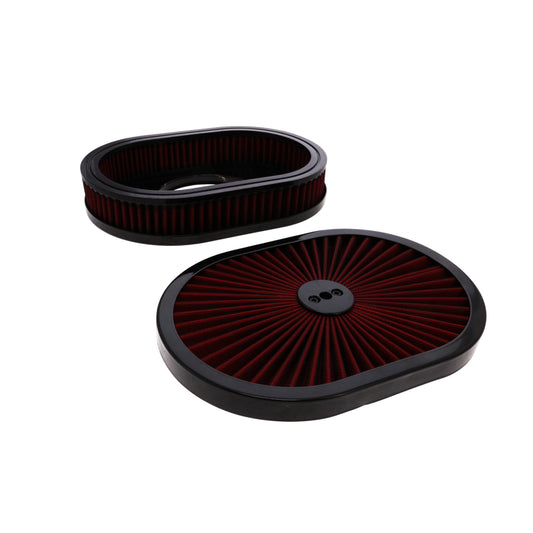 12" X 2" Round Steel Air Cleaner Kit, Red Washable Filter, Flat Base - Black