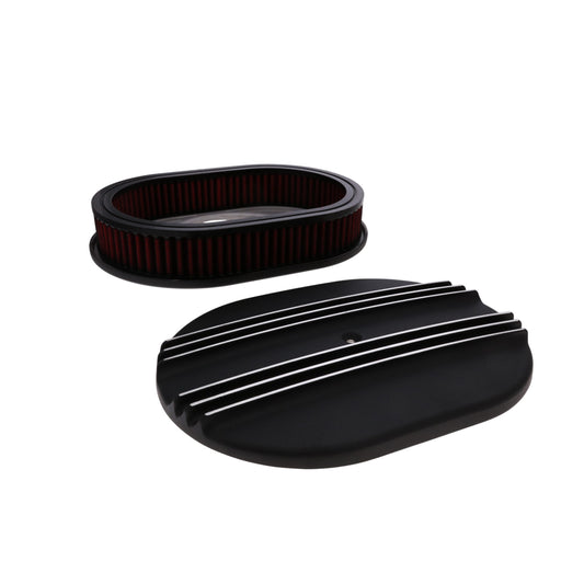 12" X 2" Center Finned Oval Aluminum Air Cleaner Kit, Red Washable Filter - Black