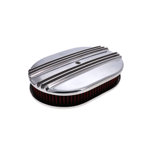 12" X 2" Center Finned Oval Aluminum Air Cleaner Kit, Red Washable Filter - Polished