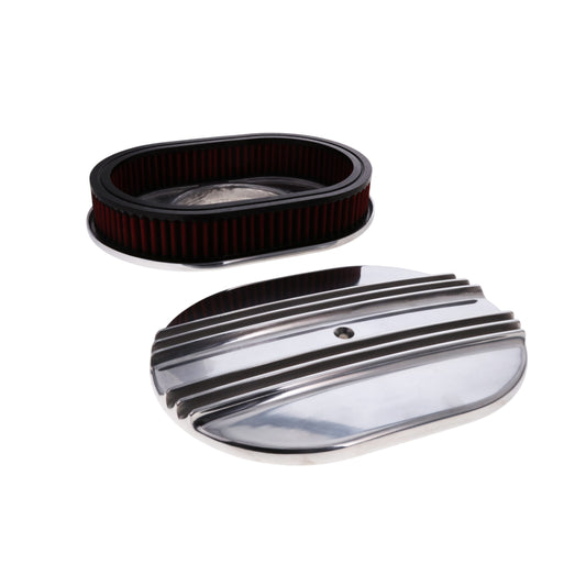 12" X 2" Center Finned Oval Aluminum Air Cleaner Kit, Red Washable Filter - Polished