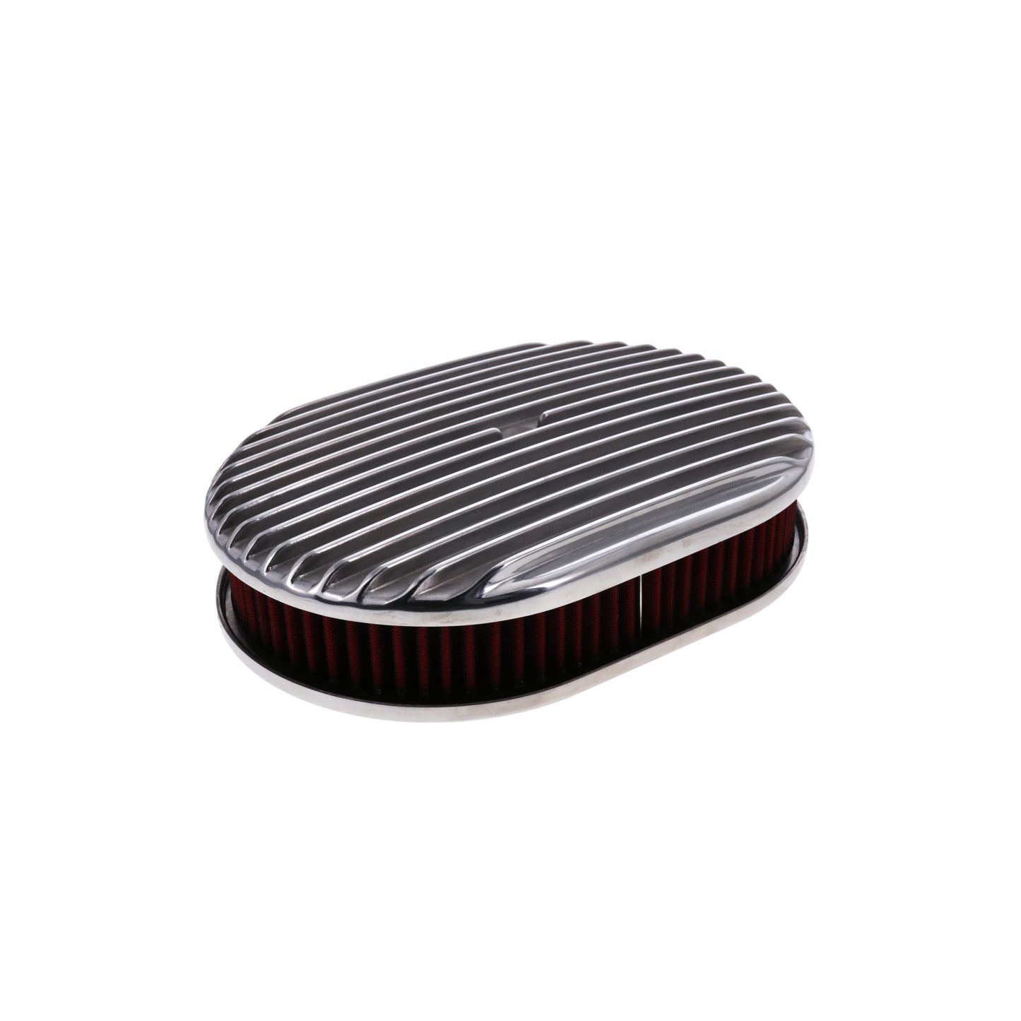 12″ X 2″ Full Finned Oval Aluminum Air Cleaner Kit, Red Washable Filter, Flat Base - Polished