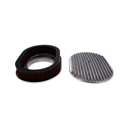 12″ X 2″ Full Finned Oval Aluminum Air Cleaner Kit, Red Washable Filter, Flat Base - Polished