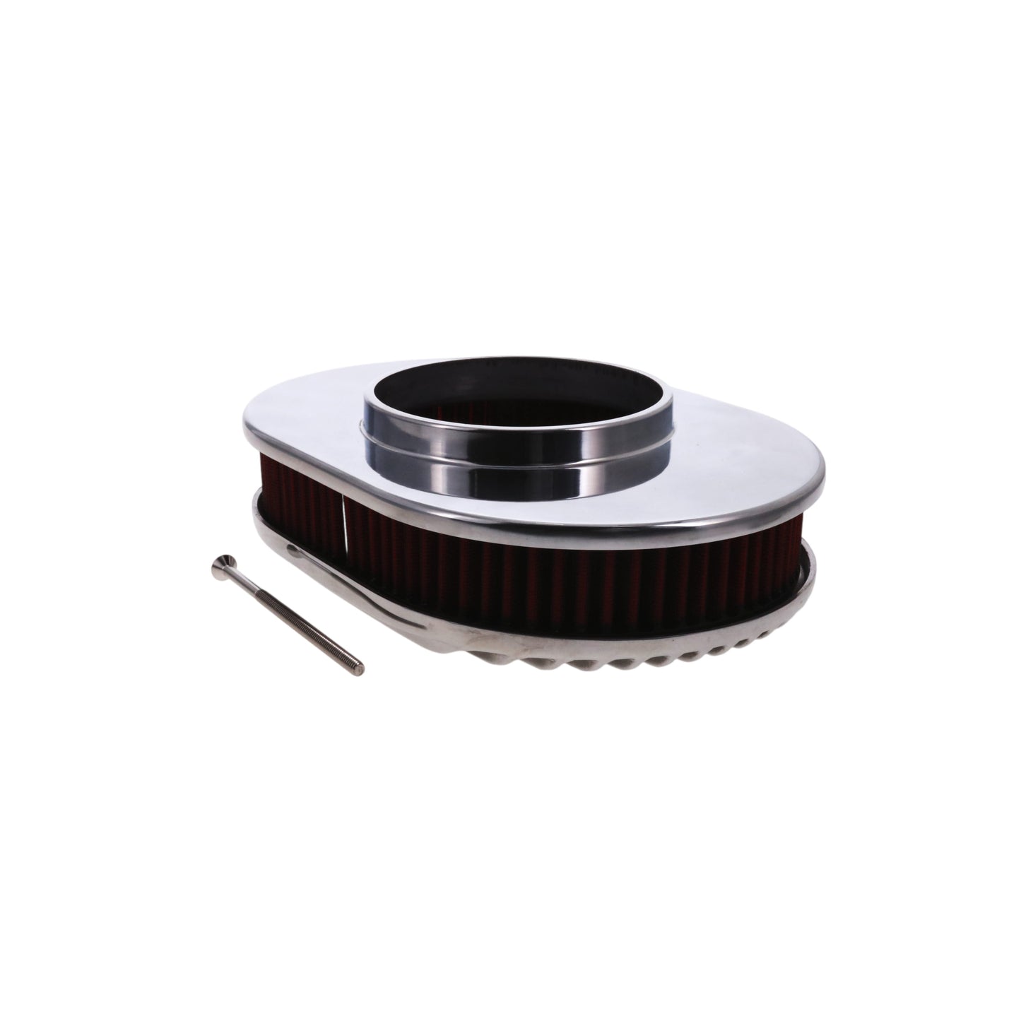 12″ X 2″ Full Finned Oval Aluminum Air Cleaner Kit, Red Washable Filter, Flat Base - Polished