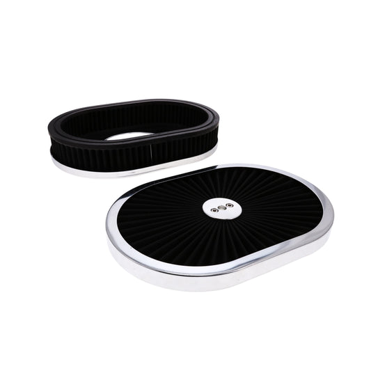 12" X 2" Round Steel Air Cleaner Kit, Black Washable Filter, Flat Base - Chrome