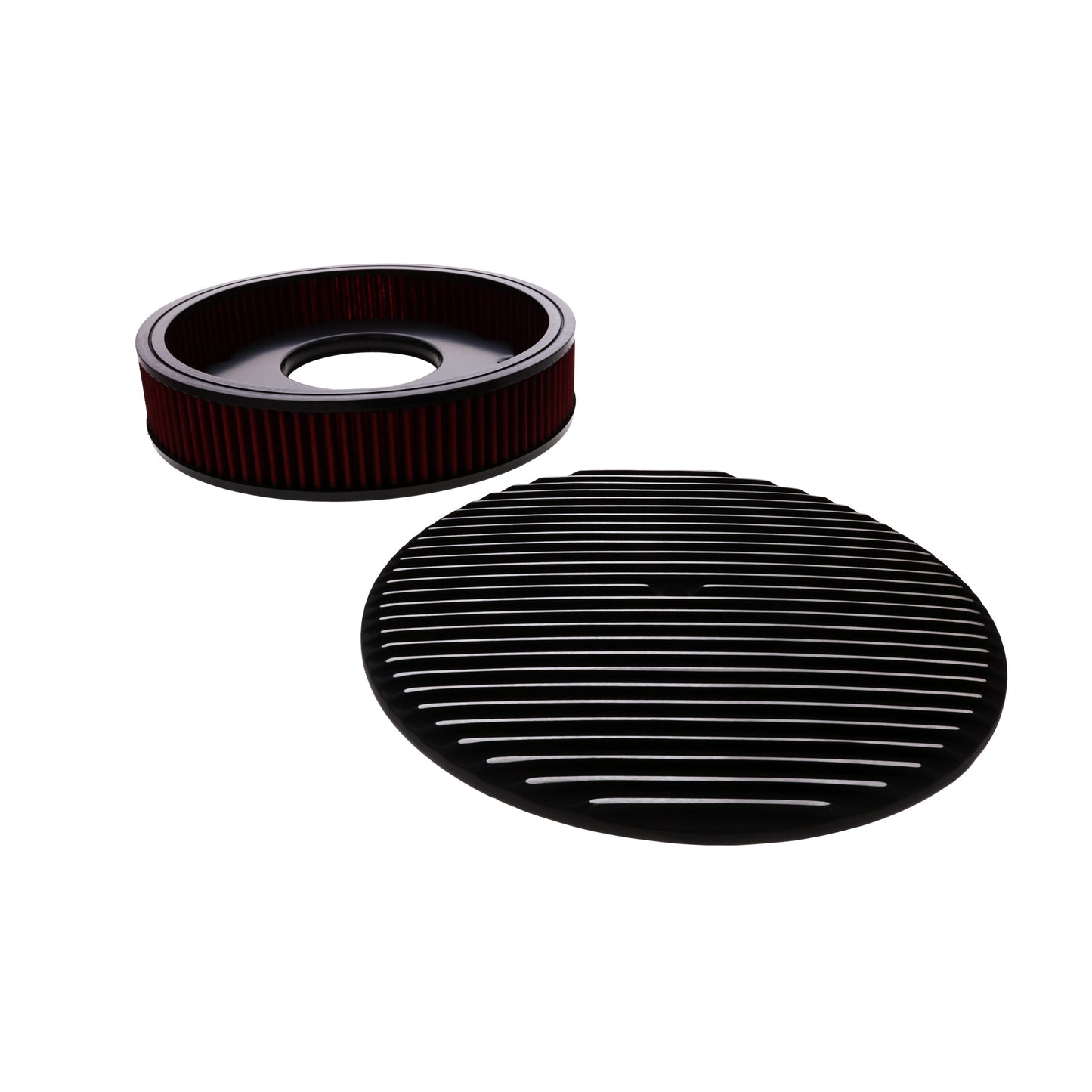 14" X 3" Full Finned Round Aluminum Air Cleaner Kit, Red Washable Filter, Recessed Base, Black