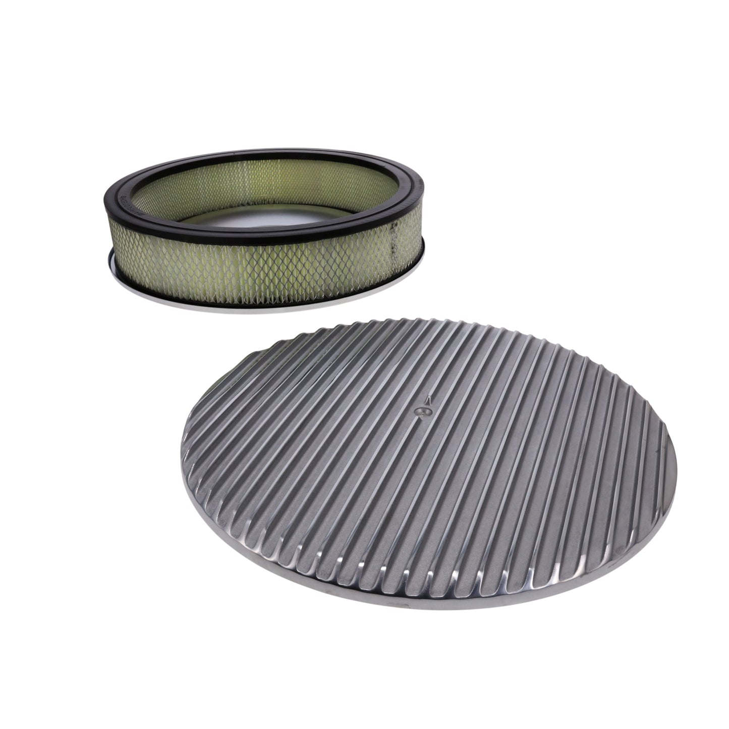 14" X 3" Full Finned Round Aluminum Air Cleaner Kit, Paper Filter, Flat Base - Polished