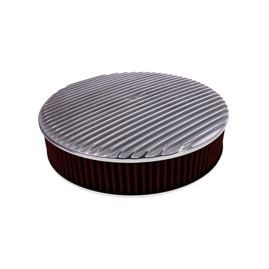 14" X 3" Full Finned Round Aluminum Air Cleaner Kit, Red Washable Filter, Flat Base - Polished