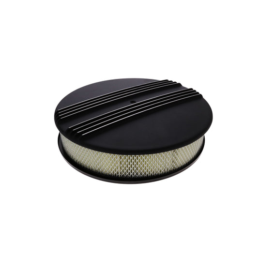 14" X 3" Center Finned Round Aluminum Air Cleaner Kit, Paper Filter, Recessed Base, Black
