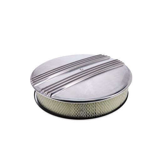 14" X 3" Center Finned Round Aluminum Air Cleaner Kit, Paper Filter, Flat Base, Polished