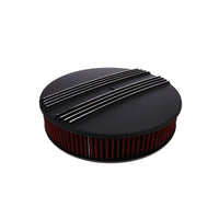 14" X 3" Center Finned Round Aluminum Air Cleaner Kit, Red washable Filter, Flat Base - Black