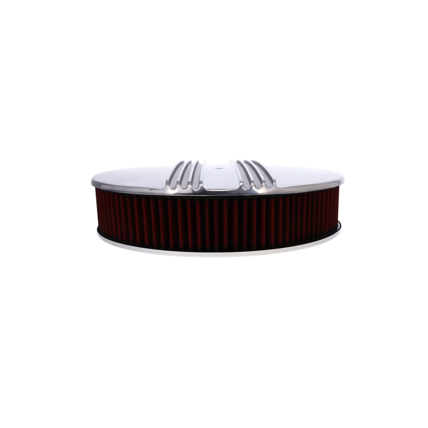 14" X 3" Center Finned Round Aluminum Air Cleaner Kit, Red washable Filter, Flat Base - Polished