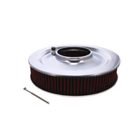 14" X 3" Center Finned Round Aluminum Air Cleaner Kit, Red washable Filter, Flat Base - Polished