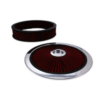 14" X 3" Round Steel Air Cleaner Kit, Red Washable Filter, Flat Base - Chrome