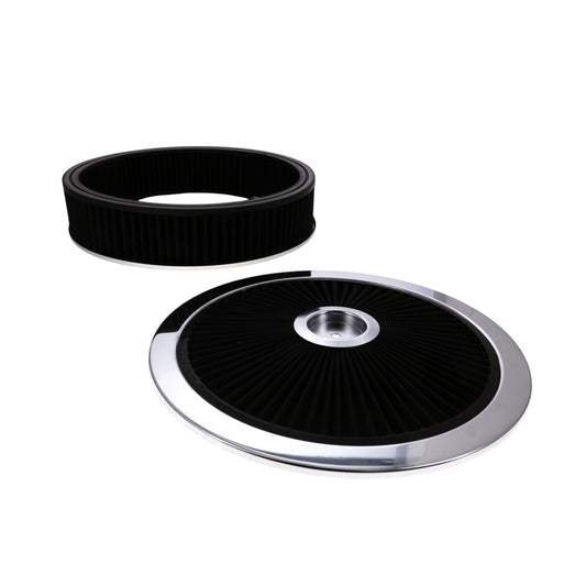 14" X 3" Round Steel Air Cleaner Kit, Black Washable Filter, Flat Base - Chrome