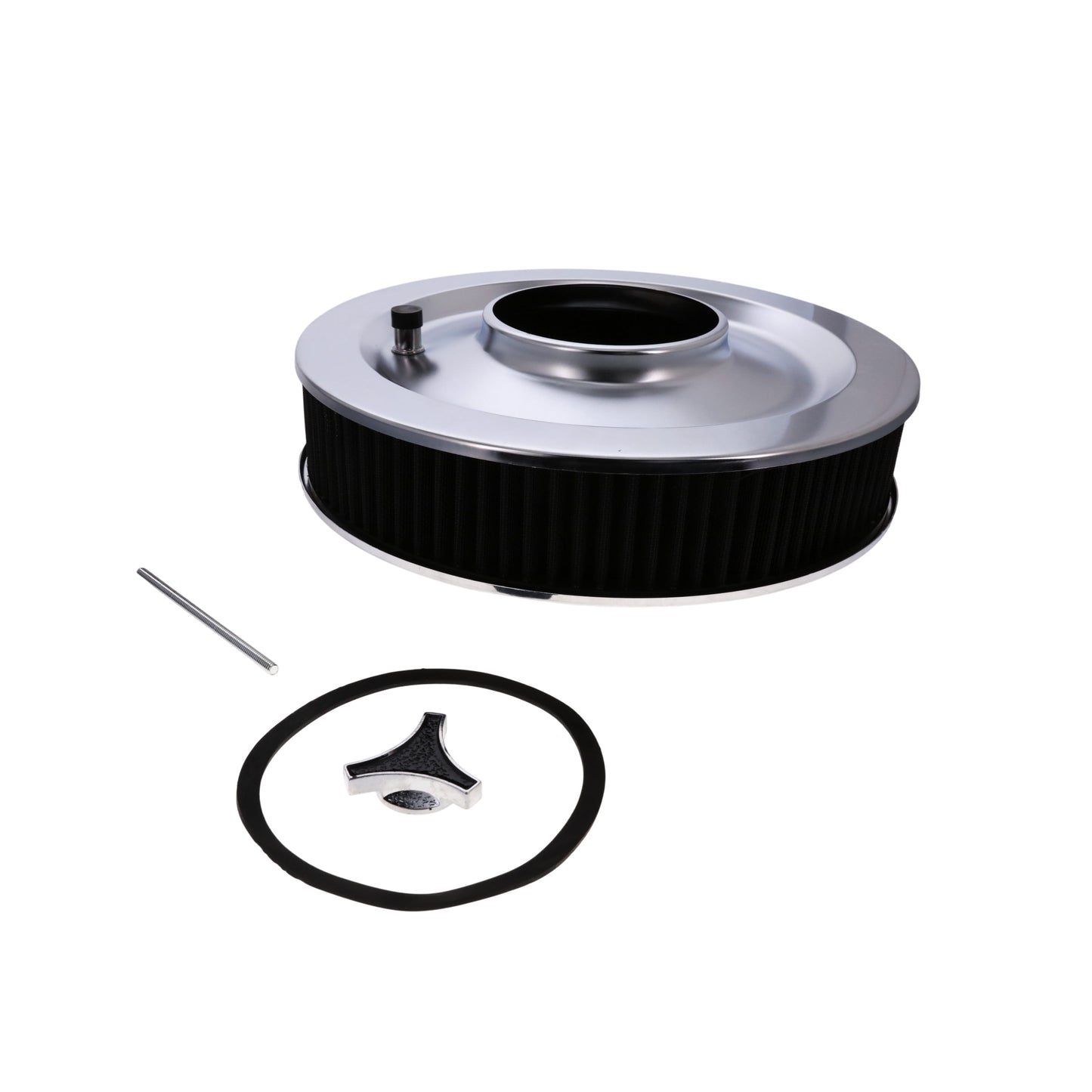 14" X 3" Round Steel Air Cleaner Kit, Black Washable Filter, Flat Base - Chrome