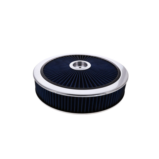 14" X 3" Round Steel Air Cleaner Kit, Blue Washable Filter, Flat Base - Chrome