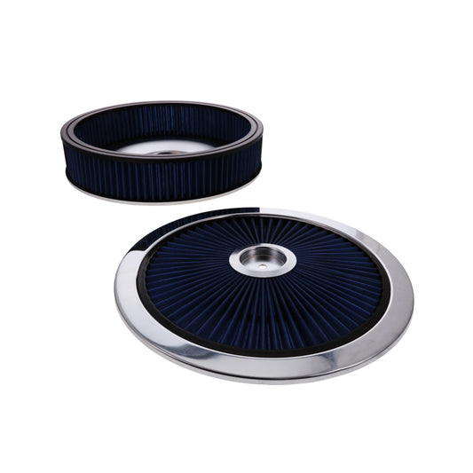 14" X 3" Round Steel Air Cleaner Kit, Blue Washable Filter, Flat Base - Chrome